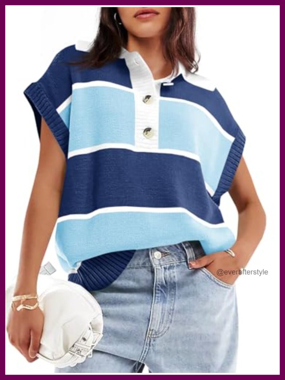 V Neck Button Down Striped Short Sleeve Knit Sweater Loose Fit